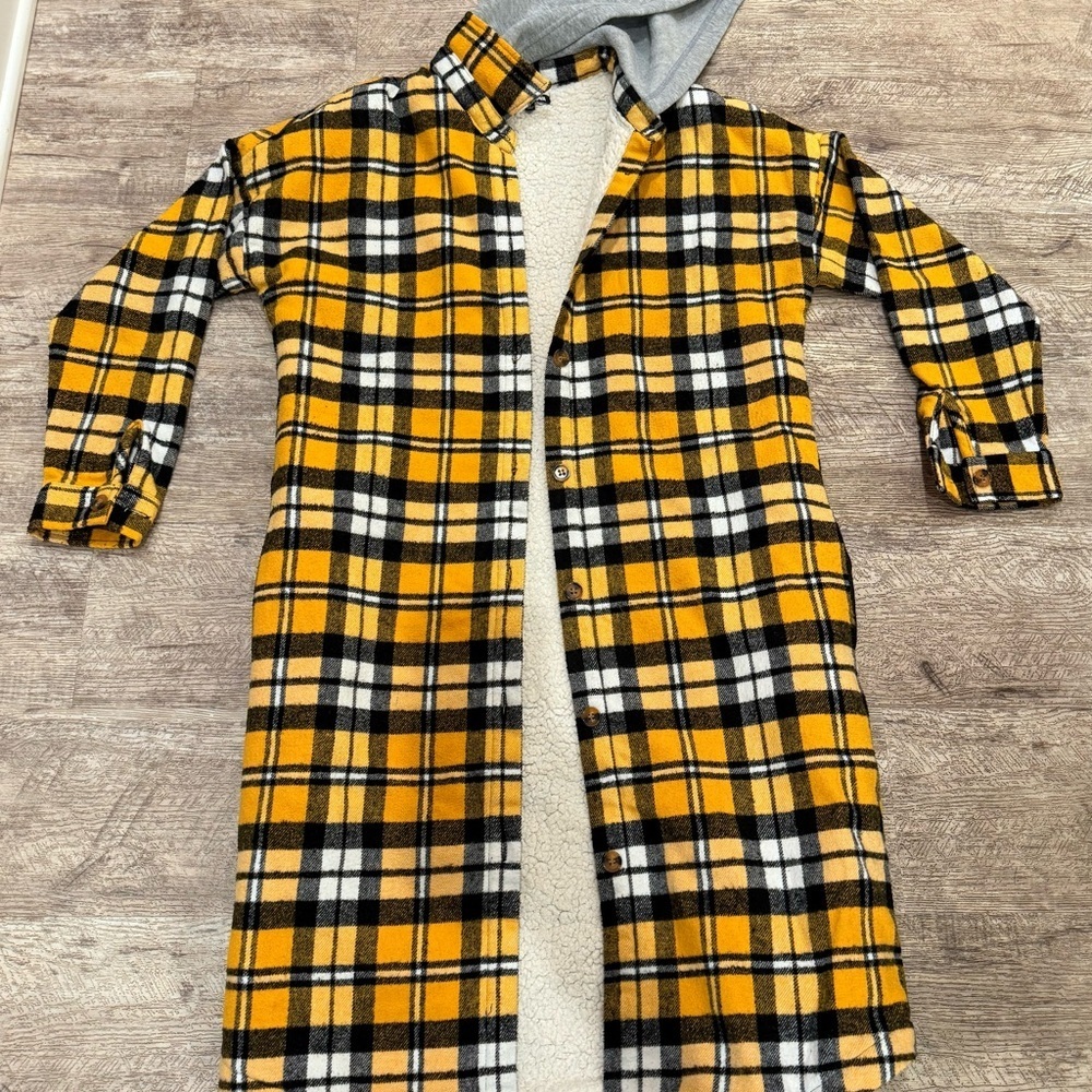 Fashion Nova Yellow and Black Plaid Utility Hooded Fleece Jacket/Shacket - Picture 6 of 9